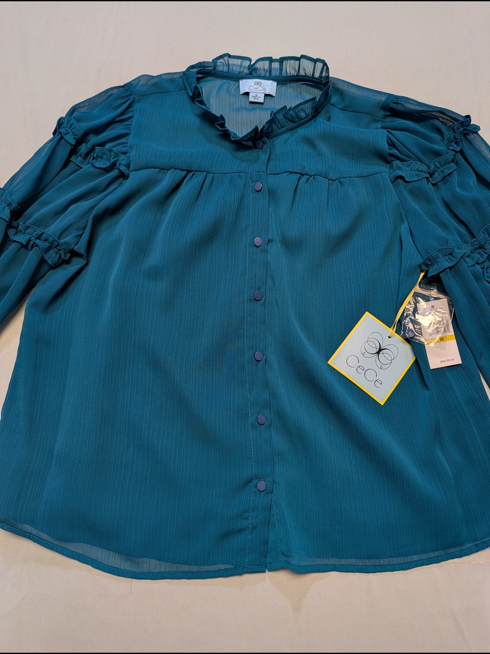 CeCe Solid Ruffled Sleeve Button-Down Blouse Women's Size M - Picture 5 of 8
